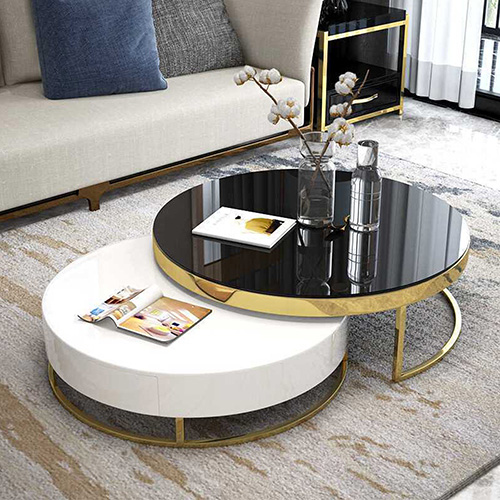 Coffee Table Tempered Glass Top Storage Drawer Metal Base Stainless Electroplating Titanium Gold Texas